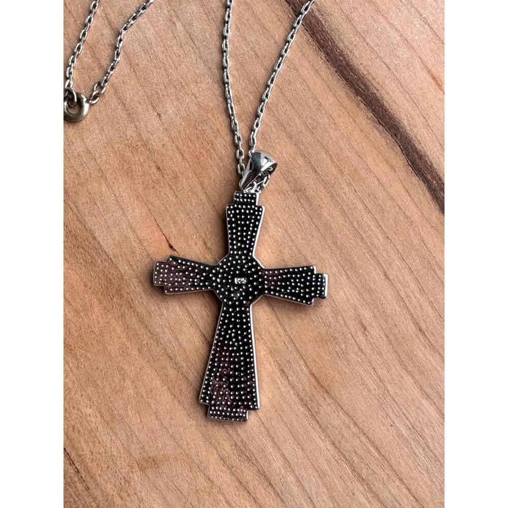 Sterling Silver Cross Pendant Necklace With Blue Opal Inlay 23" Chain For Women - Picture 5 of 8